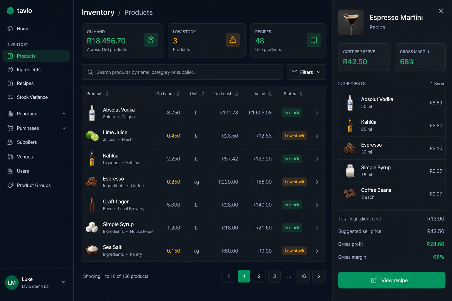 Tavio inventory and recipes