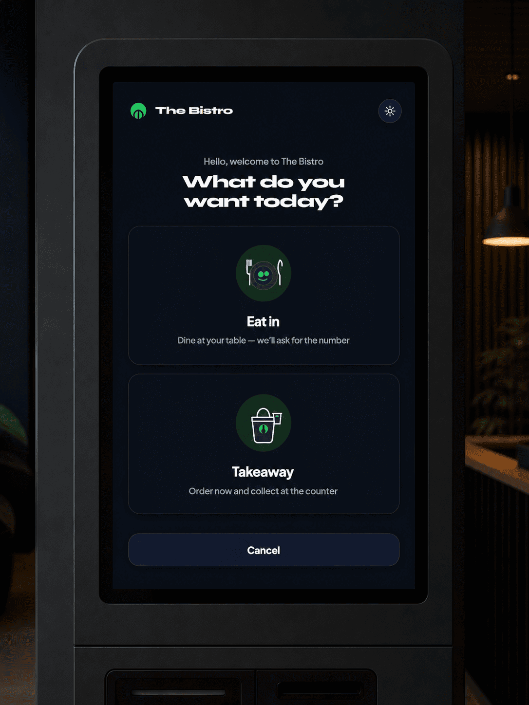 Tavio self-order kiosk: eat in or takeaway
