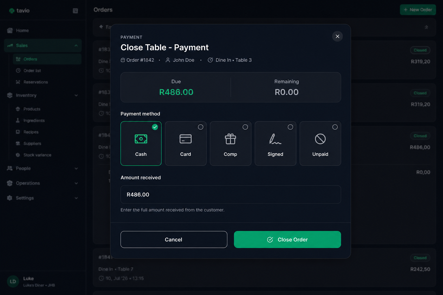 Tavio payment close table